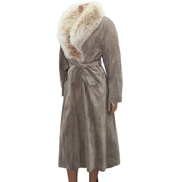 Vintage 70s/80s Penny Lane Suede Leather Wrap Trench Coat Fox Fur Collar M/L - Picture 2 of 6